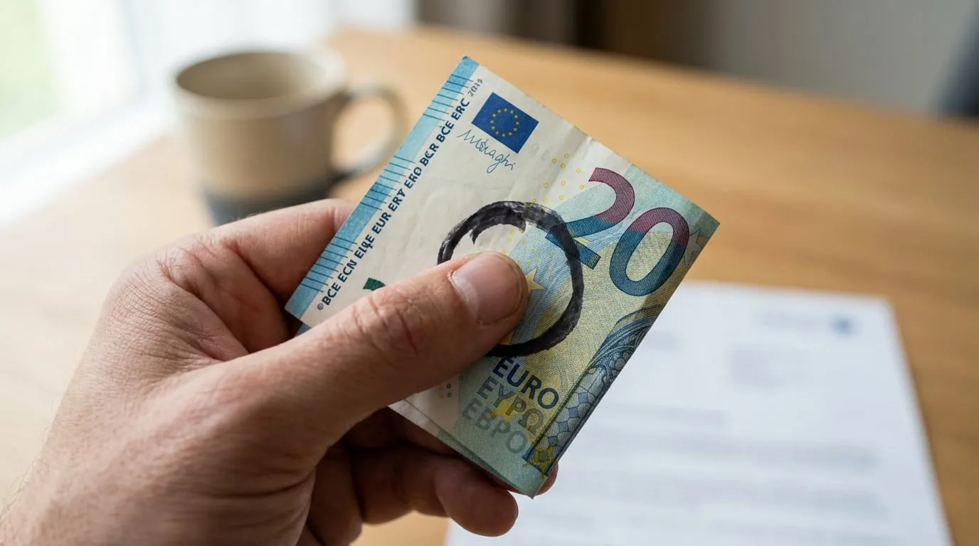Close-up of a hand holding a 20 Euro banknote with a prominent black felt-tip pen mark. Blurred indoor background.