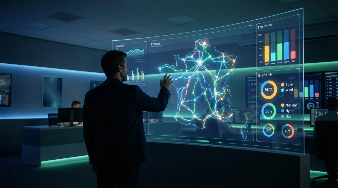 Homme interagissant avec un écran holographique affichant la carte de France et des données sur le mix énergétique en temps réel.