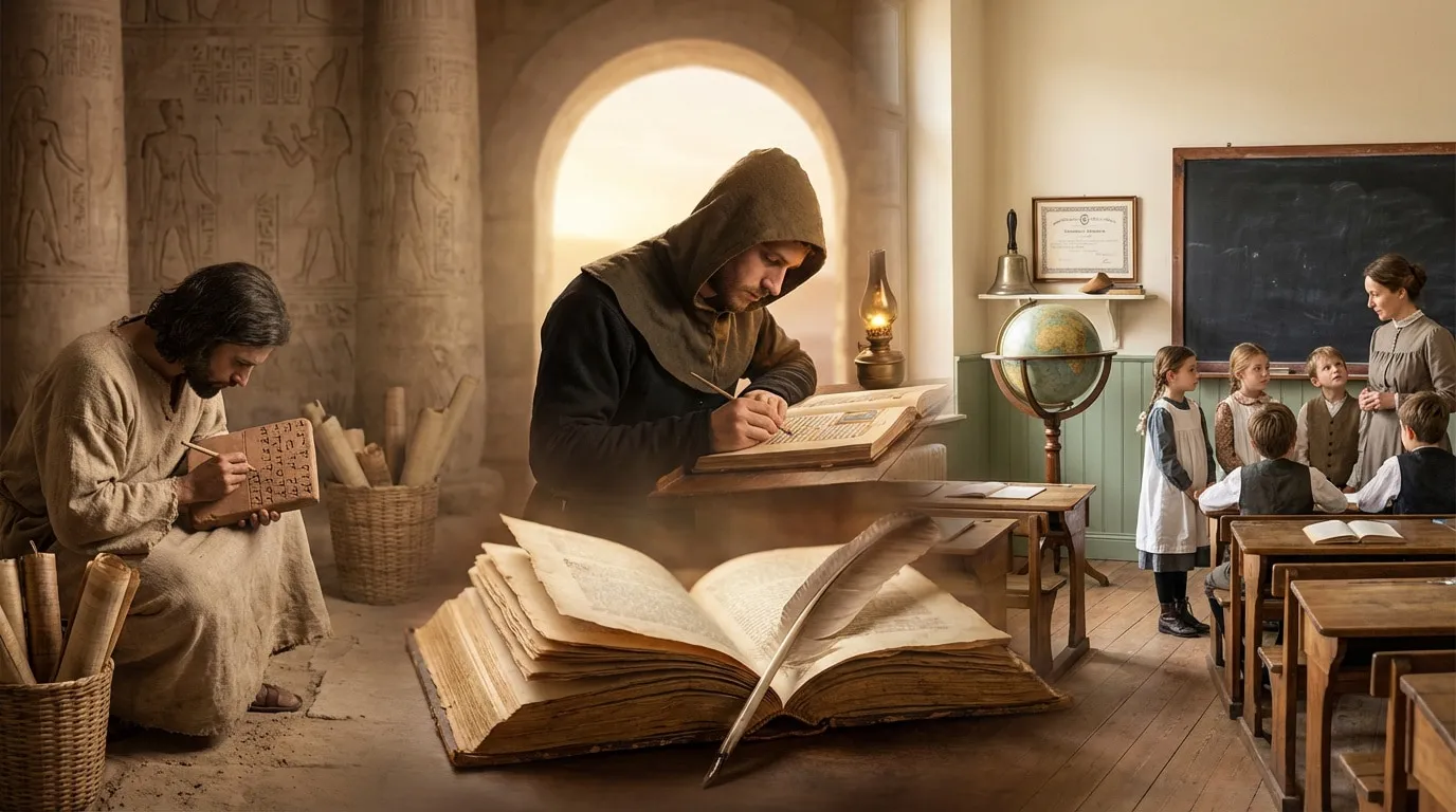 Image composite montrant l'évolution de l'éducation avec un scribe antique, un moine médiéval et une classe d'écoliers.