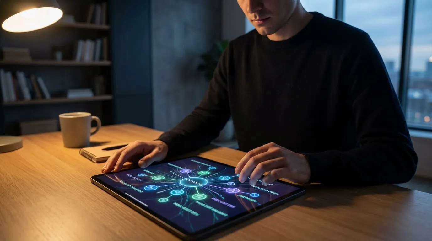Homme manipulant une tablette affichant un réseau de concepts lumineux. Bureau en bois, lampe, tasse et étagère en arrière-plan.