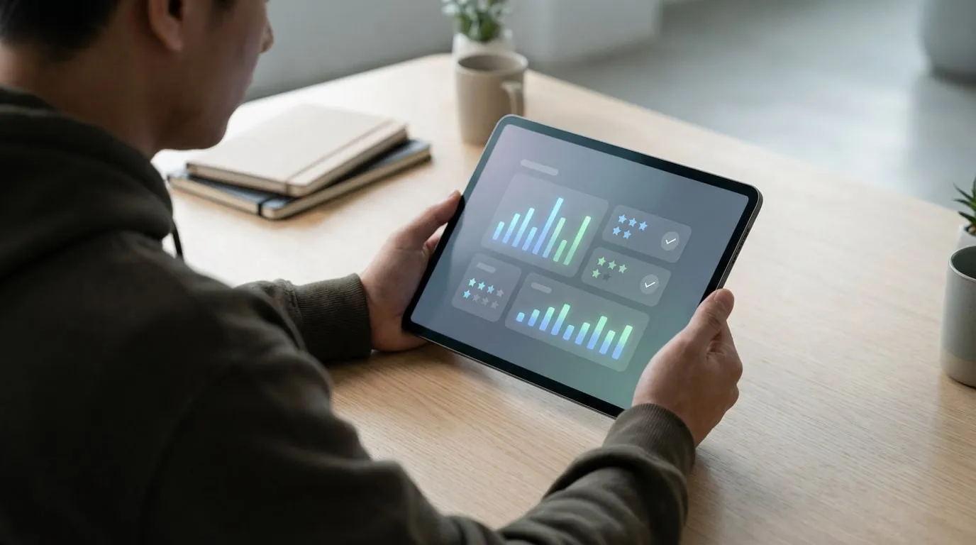 Personne consultant des données de performance et des avis sur une tablette, affichant des graphiques et des étoiles.