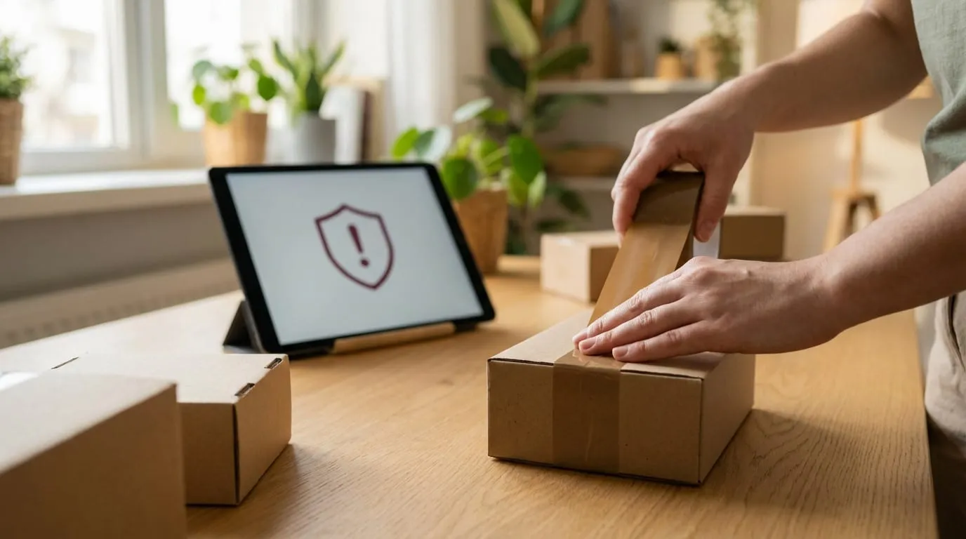 Hands taping a small cardboard box on a wooden table. A tablet displays a red shield warning icon in a bright home office setting.