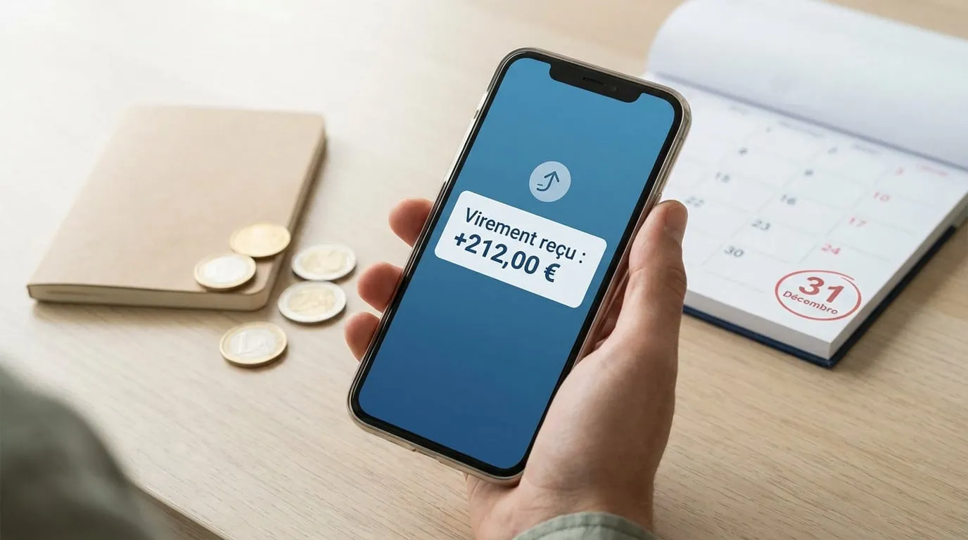 Une main tient un smartphone avec 'Virement reçu : +212,00 €'. Sur le bureau, des euros, un carnet et un calendrier au 31 Décembre.