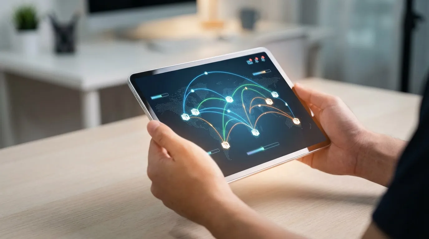 Personne tenant une tablette affichant une carte du monde avec un réseau de suivi de colis interconnectés par des lignes colorées.