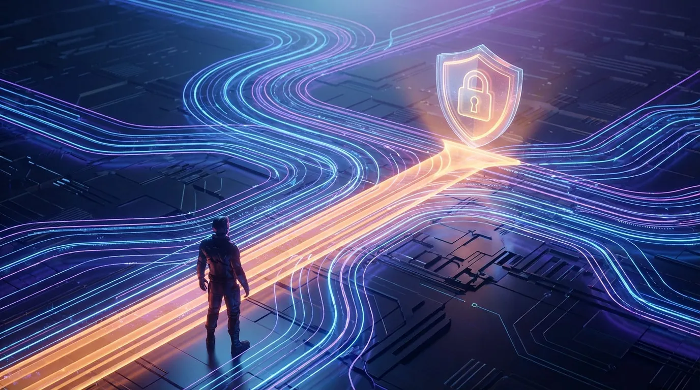 Un homme regarde un chemin lumineux orange menant à un bouclier avec cadenas, entouré de lignes bleues sur une carte mère numérique.