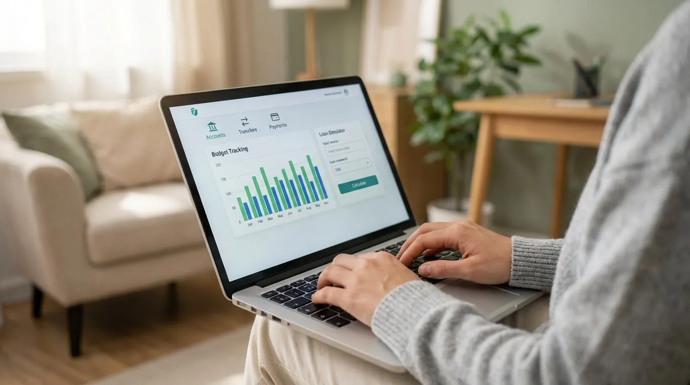 Personne utilisant un ordinateur portable pour gérer son budget en ligne. L'écran affiche un tableau de bord financier avec graphiques et calculateur de prêt.