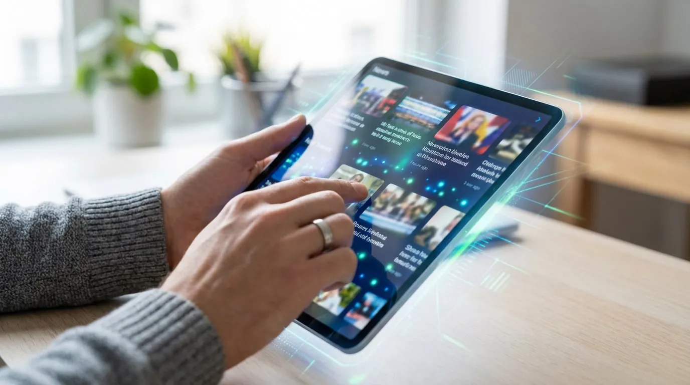 Une personne consulte son fil d'actualité personnalisé sur une tablette numérique, illustrant l'accès moderne à l'info.
