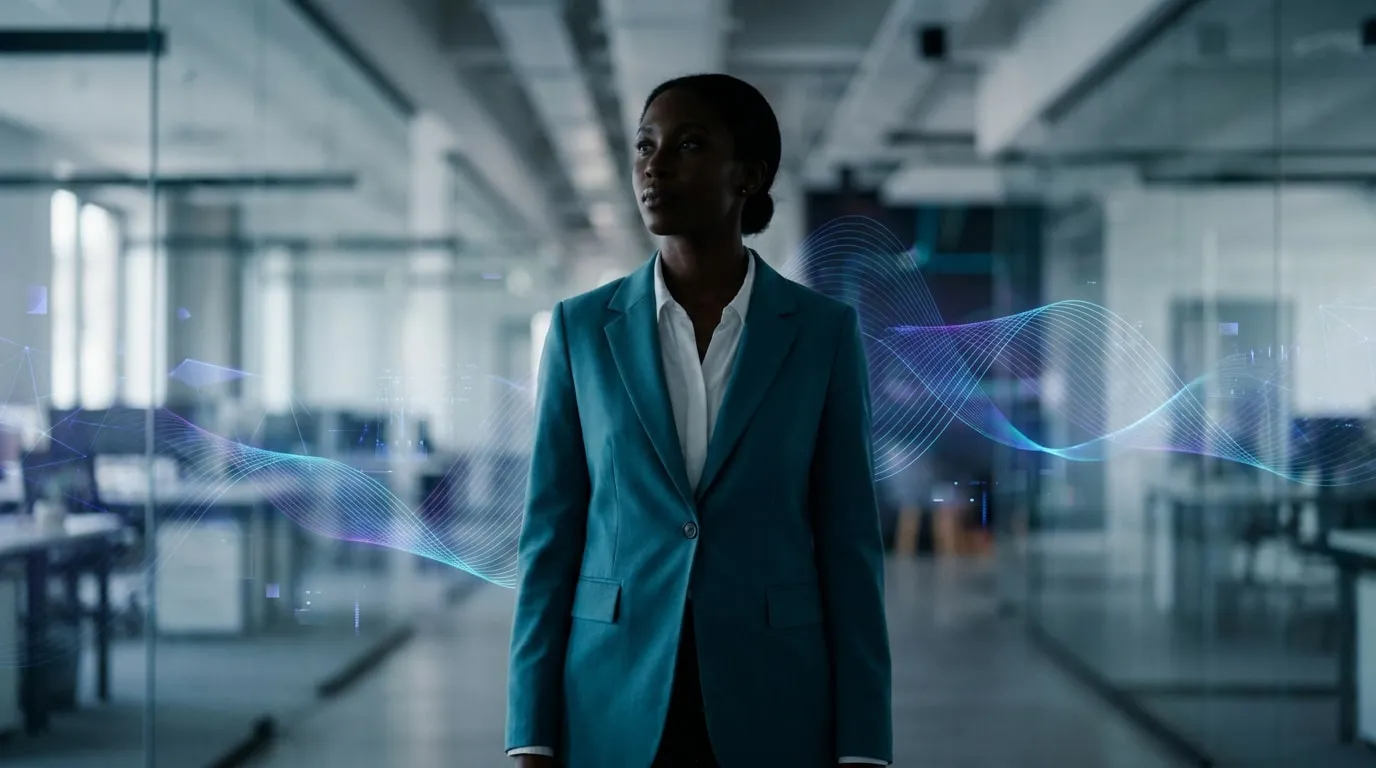 Une femme d'affaires noire dans un bureau moderne entourée d'effets visuels de données numériques ondulantes.