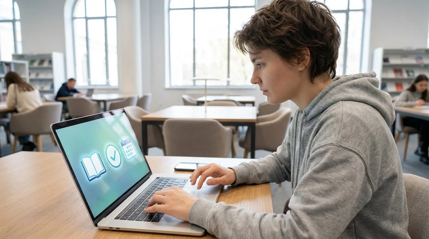 Young adult focused on laptop in university study area, screen shows academic icons (book, check, calendar).