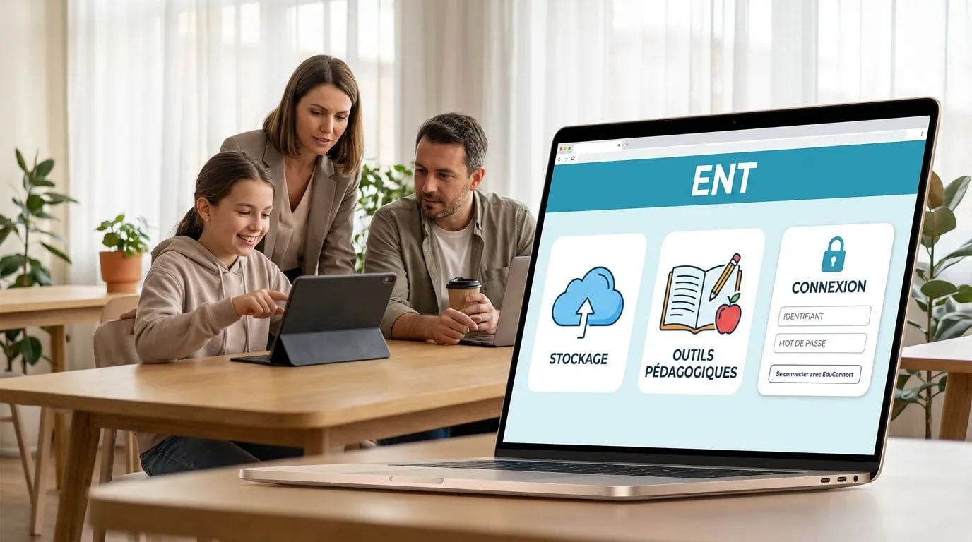 Écran de laptop affichant l'interface ENT (stockage, outils pédagogiques, connexion). Une élève et des adultes en arrière-plan.