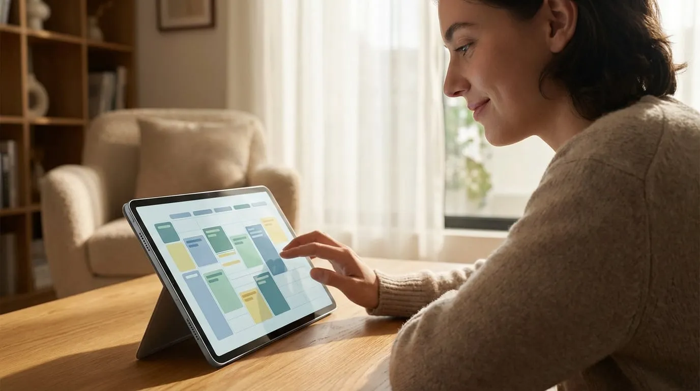 Young adult with subtle smile organizes a digital schedule on a sleek tablet, showing colorful blocks, in a bright home.