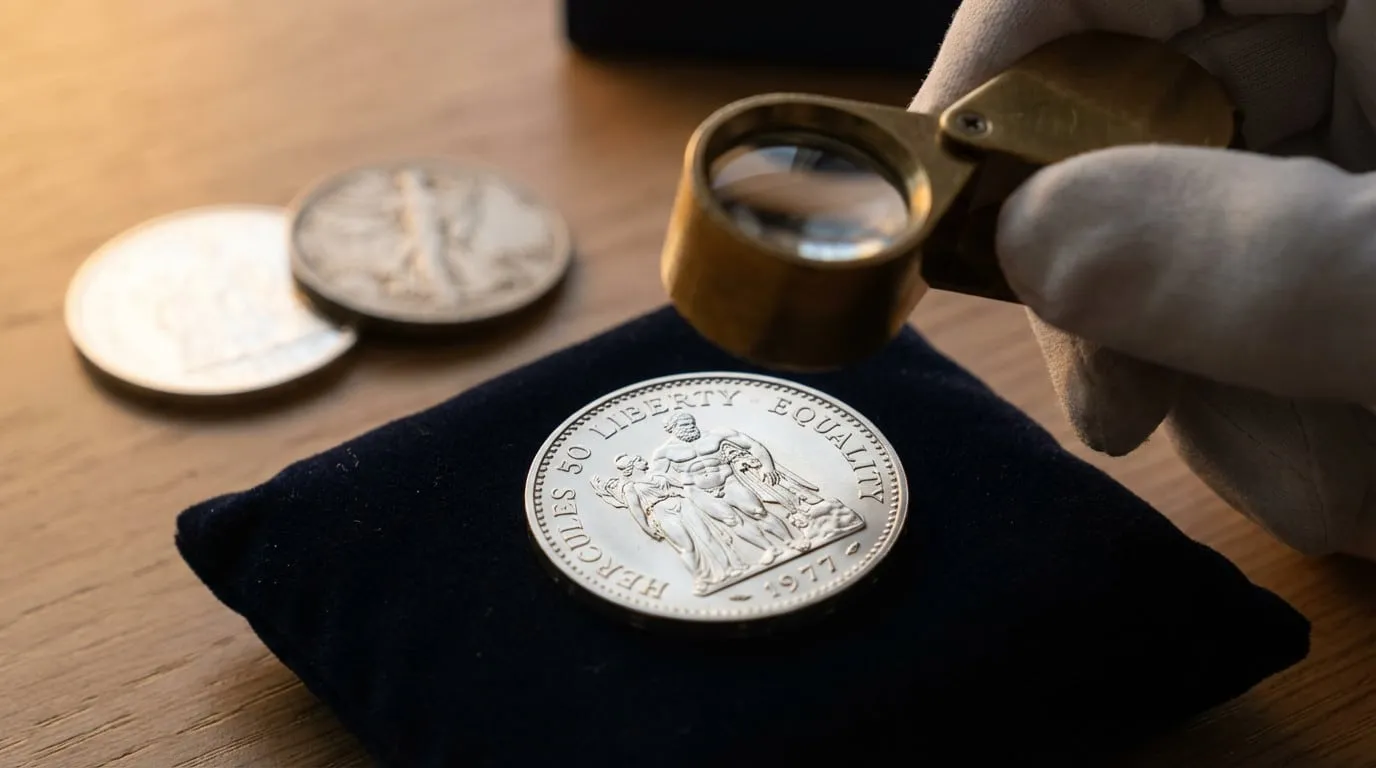 A gloved hand holds a jeweler's loupe over a pristine 1977 50 francs Hercule silver coin on dark velvet, with other coins blurred in the background.
