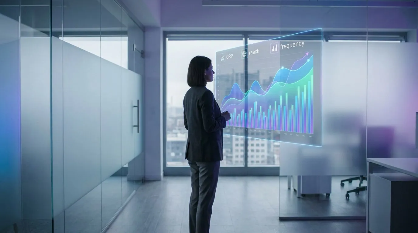 Une femme d'affaires regarde un écran holographique affichant des données publicitaires (GRP, portée, fréquence) dans un bureau.