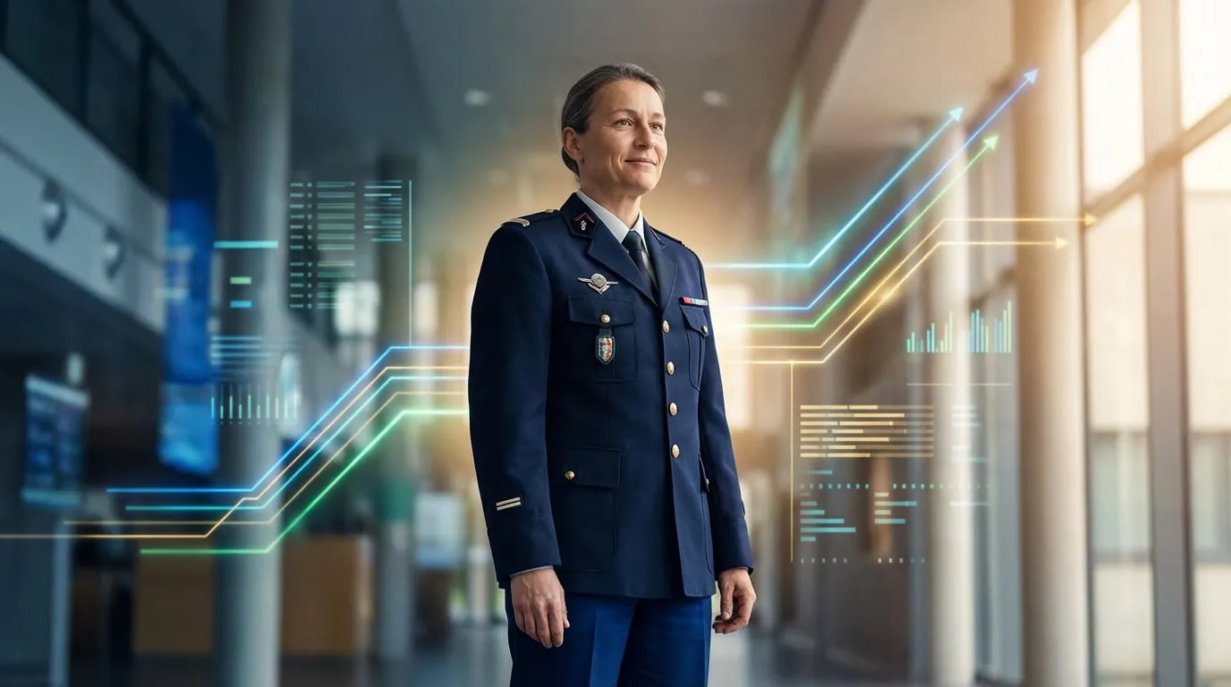 A confident French Army NCO in uniform stands against a blurred background with glowing upward-trending lines and financial graphics.