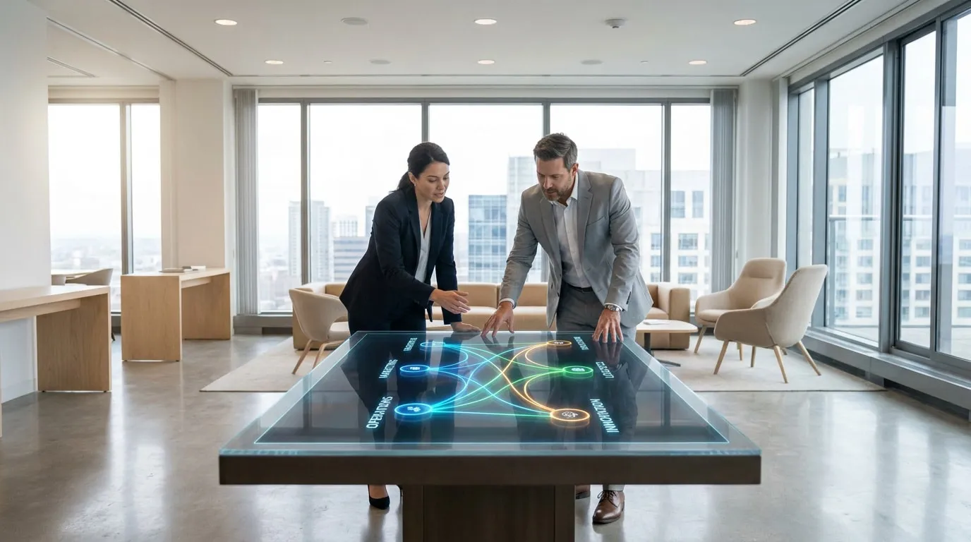 Homme et femme d'affaires travaillant sur une table interactive affichant un diagramme de chaîne de valeur de Porter.