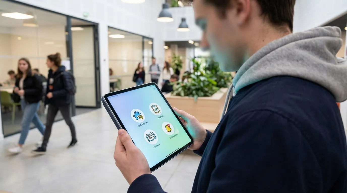 Gros plan sur un étudiant utilisant une tablette affichant l'application ENT NeoVar dans un environnement scolaire moderne.