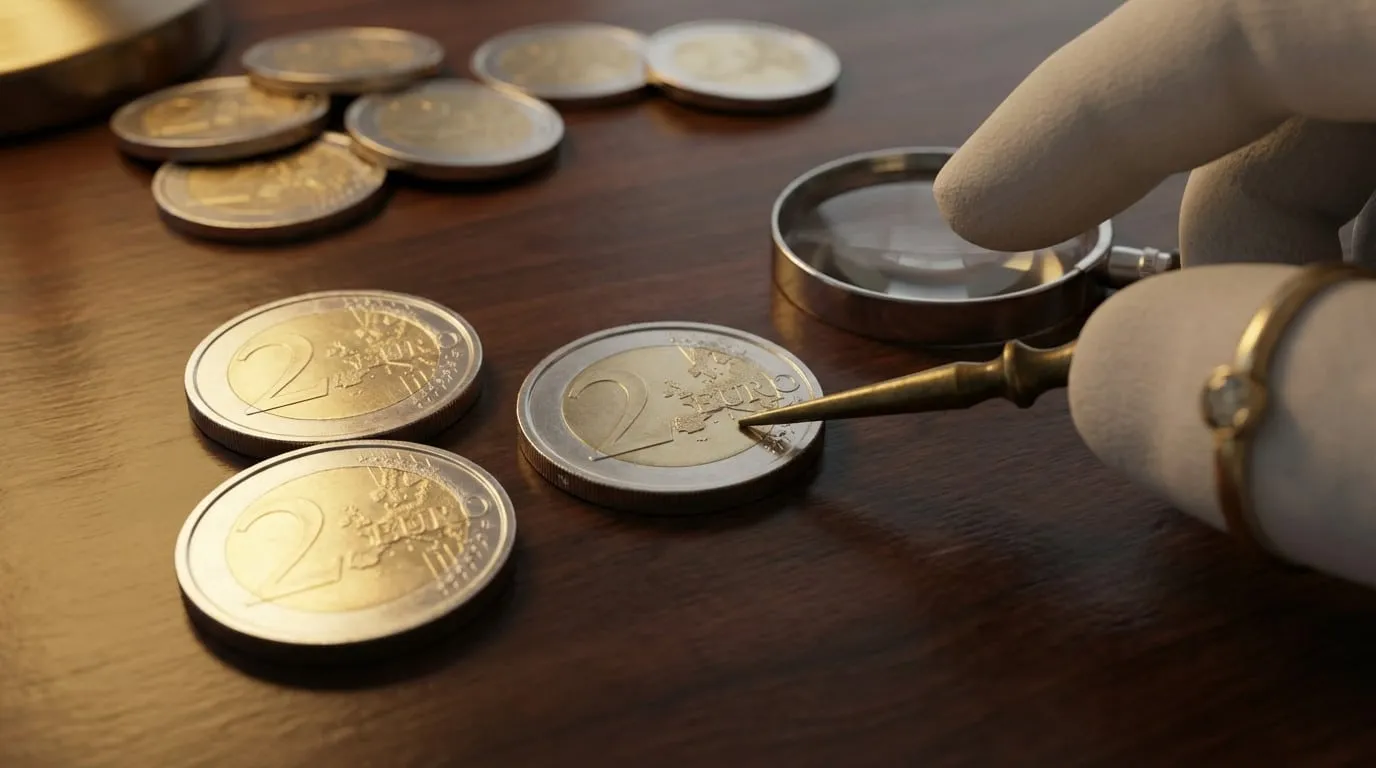 Gloved hand points at rare 2 euro coins on dark wood, magnifying glass nearby. Common coins blurred in background, emphasizing rarity.