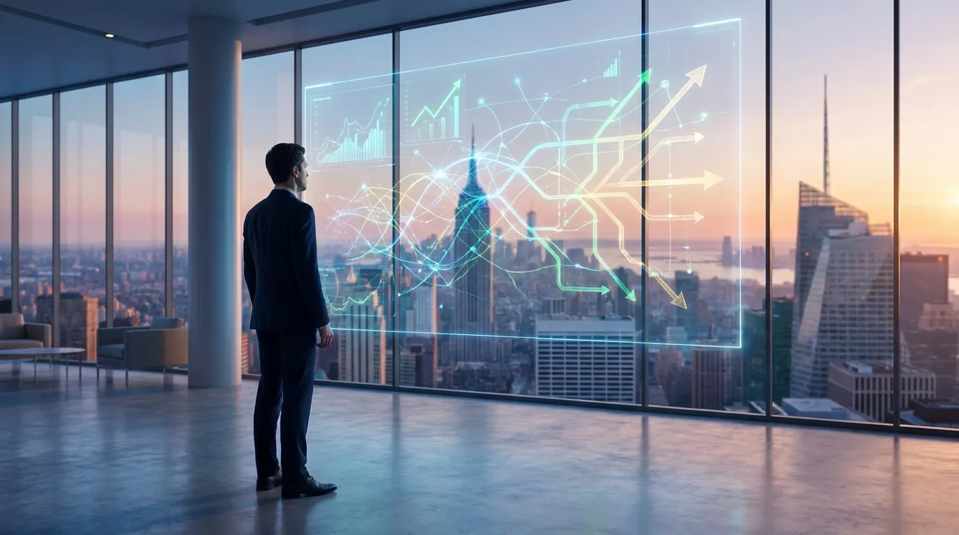 Un homme d'affaires observant un écran holographique de données financières devant une vue urbaine au coucher du soleil.