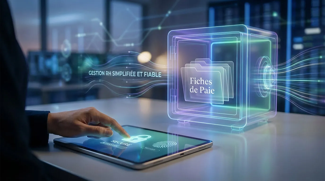 Main touchant une tablette affichant un cadenas sécurisé, connectée à un coffre-fort numérique avec fiches de paie et gestion RH fiable.
