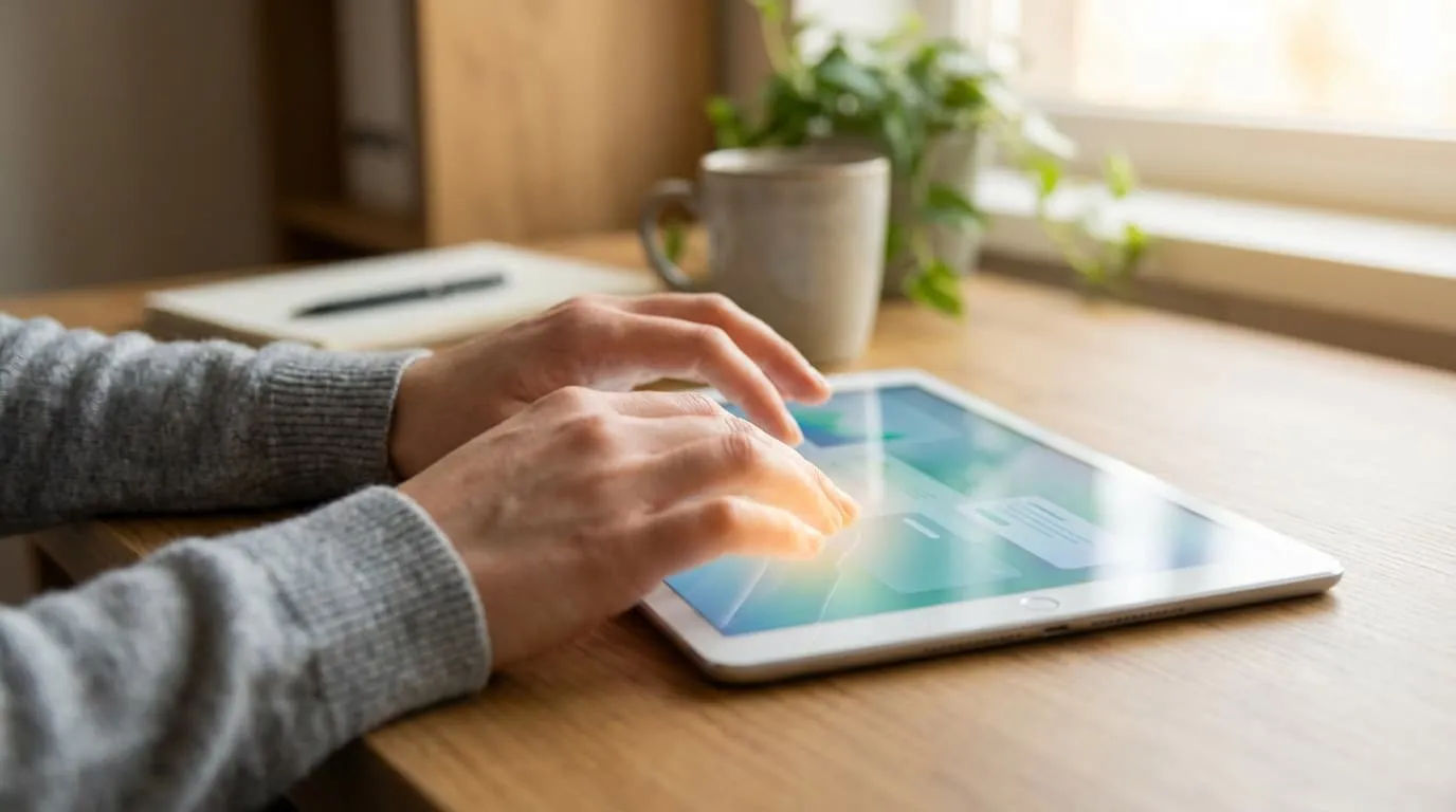 Hands interact with a tablet showing a cool-toned interface on a warm wooden desk. Natural light and blurred office background.