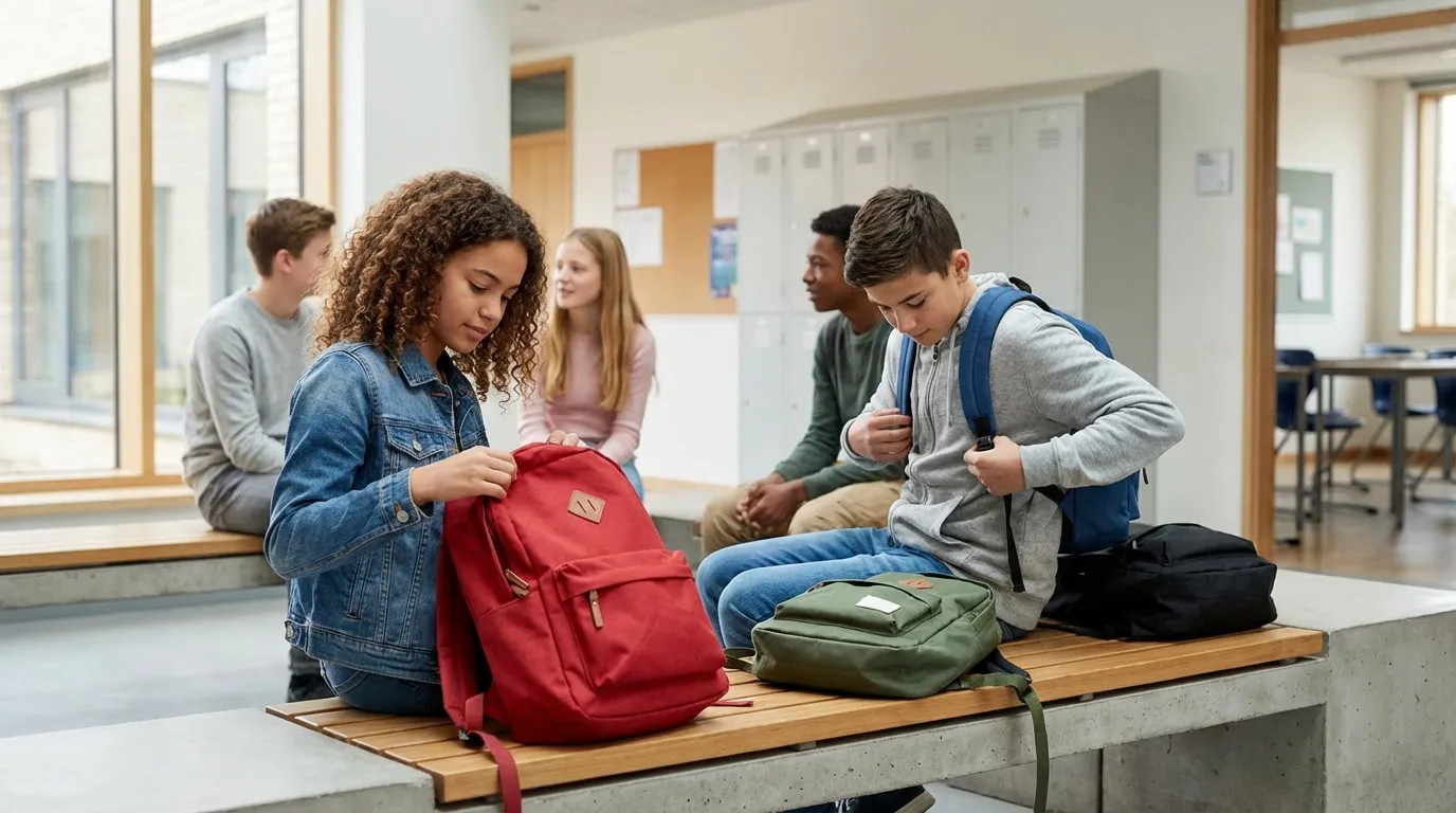 Des collégiens trient leurs sacs à dos rouges, verts et bleus dans un couloir moderne d'école.