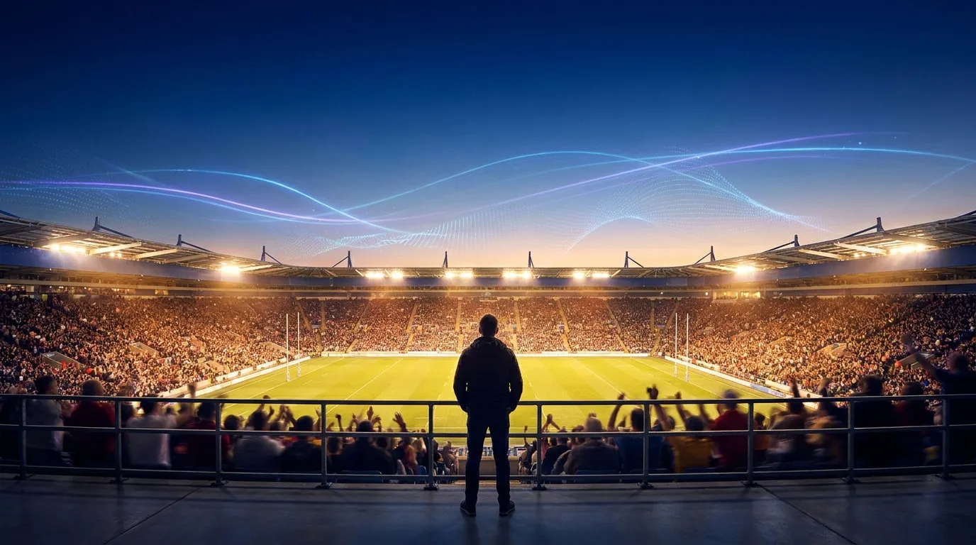 Une personne regarde un stade de rugby rempli depuis les tribunes sous un ciel illuminé par des faisceaux lumineux.