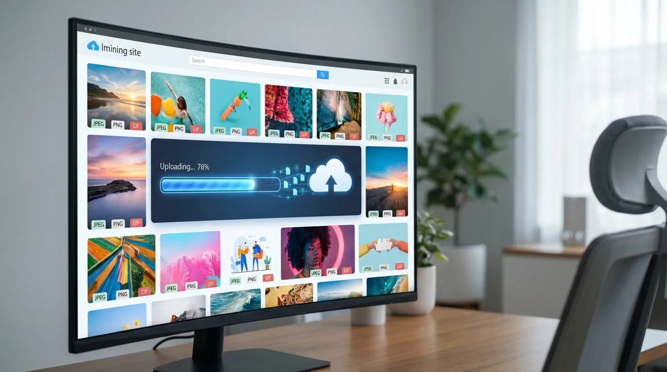 Écran d'ordinateur montrant une galerie d'images et une barre de progression de téléchargement vers un service de stockage cloud.