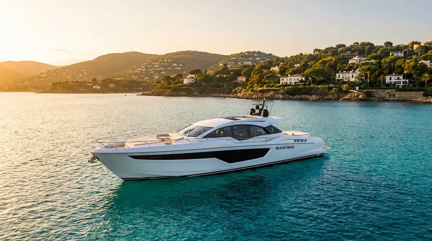 Sleek white Lamborghini 63 yacht "Bianchino" cruises turquoise French Riviera waters at sunset, with Cannes hills in background.