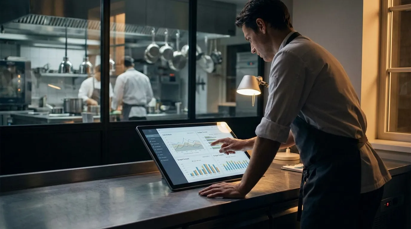 Un chef en cuisine consulte des graphiques de coûts et de prix sur une tablette tactile.