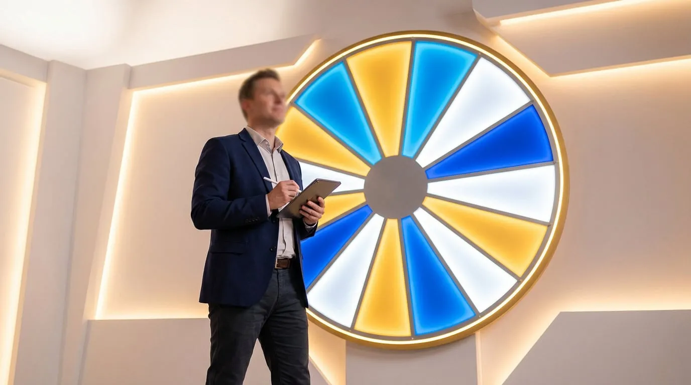 A blurred man holds a tablet and pen, facing a large, glowing game show wheel with gold, blue, and white segments in a modern, brightly lit room.