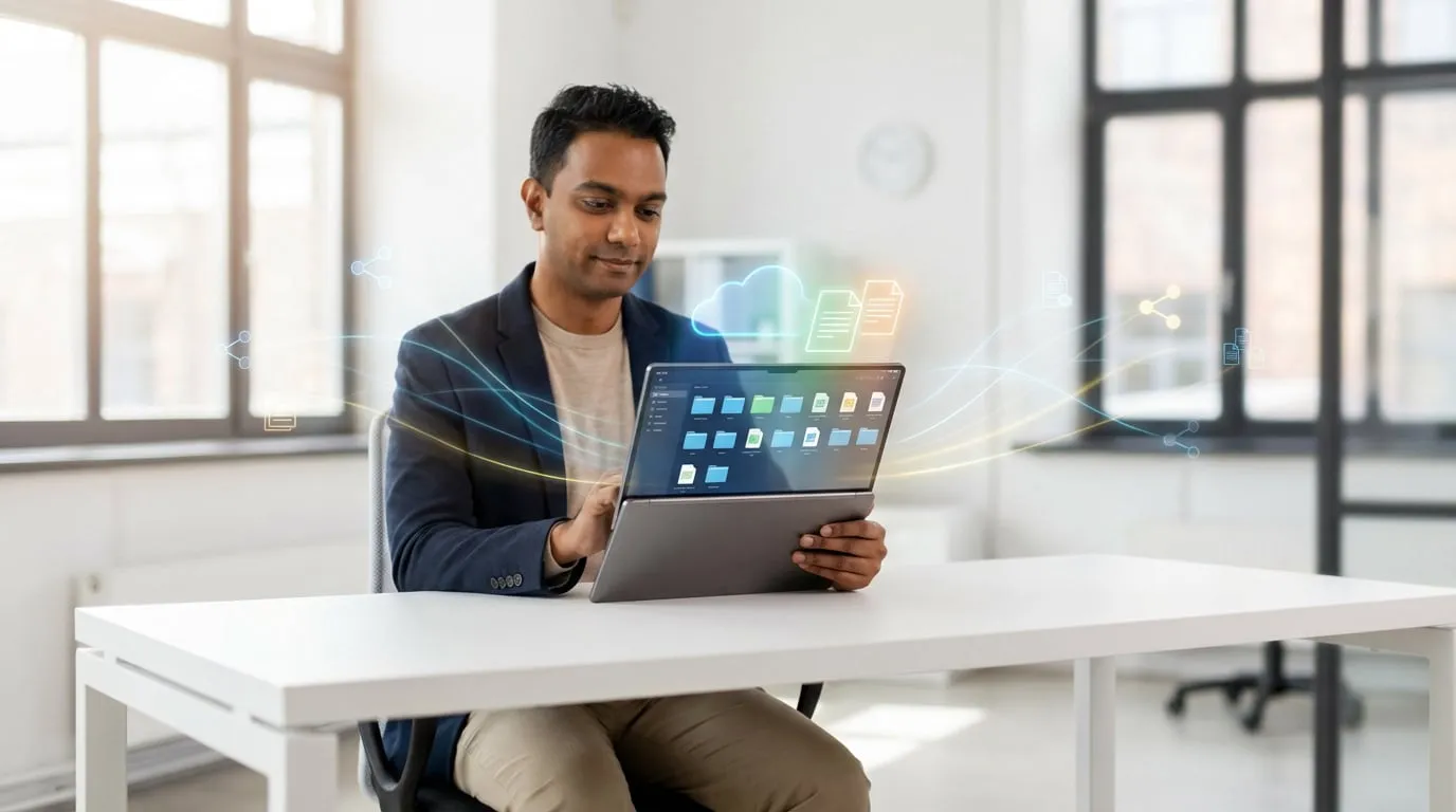 Un homme gère des fichiers sur un ordinateur portable, avec des icônes de cloud et de partage pour Google Drive.