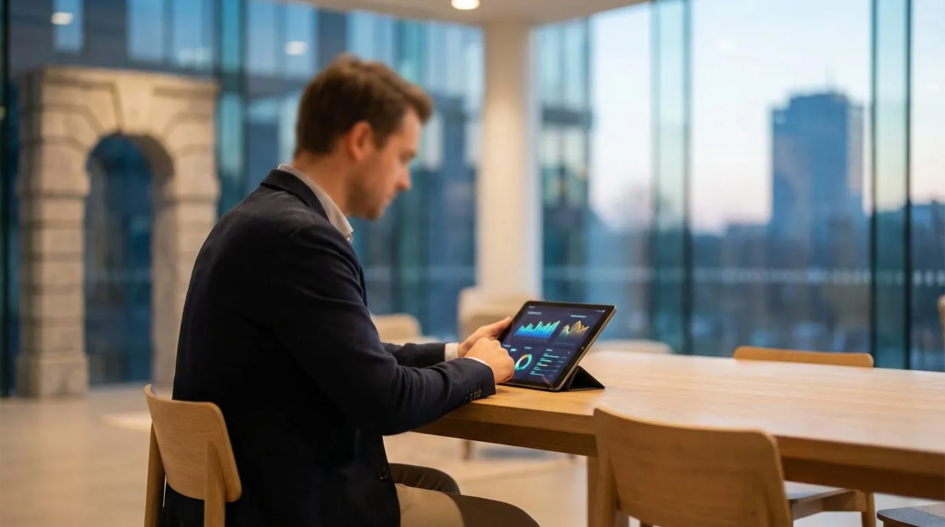 Man in professional attire uses a tablet displaying colorful data charts in a modern office with an arched architectural detail in the blurred background.