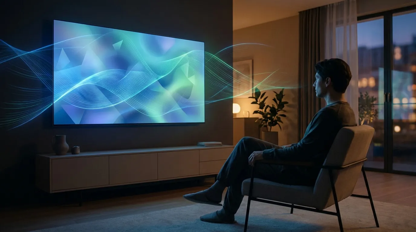 Homme regardant une grande télévision murale affichant des motifs lumineux abstraits bleus et verts, dans un salon moderne et sombre.