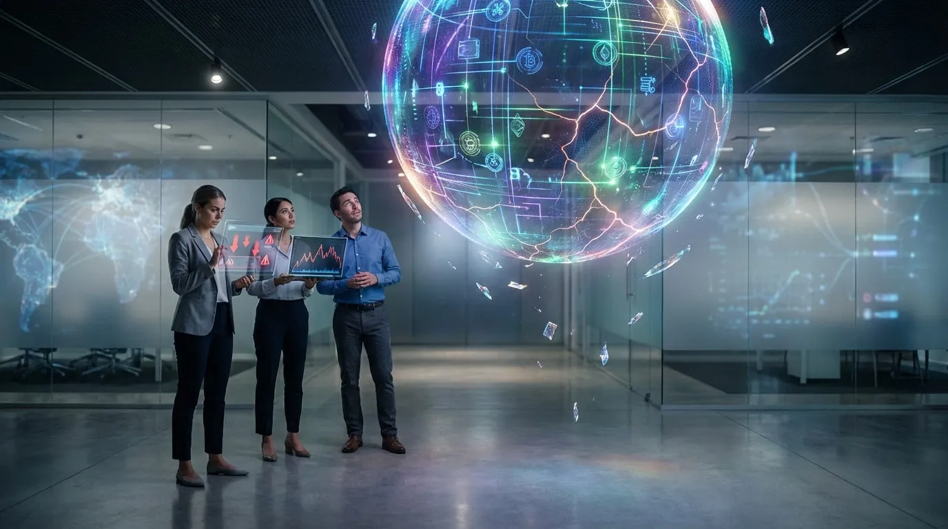 A glowing, cracking digital crypto bubble is observed by three professionals in a high-tech office, with holographic warnings and volatile financial graphs.