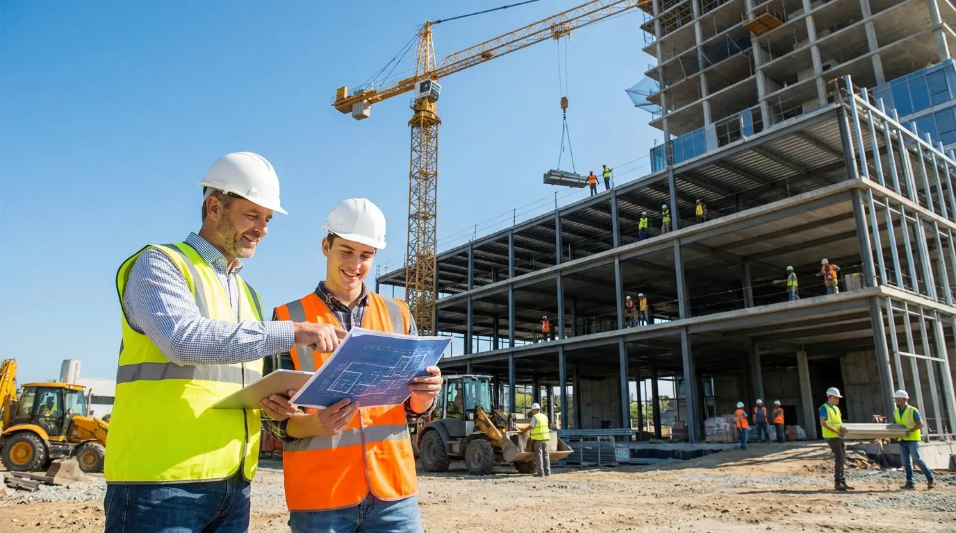 Un formateur et un apprenti en gilet de sécurité étudient un plan sur un chantier de construction en plein air.
