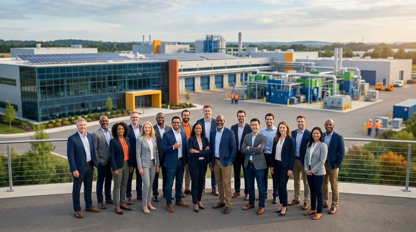 Photo de groupe de professionnels diversifiés devant un grand complexe industriel moderne.