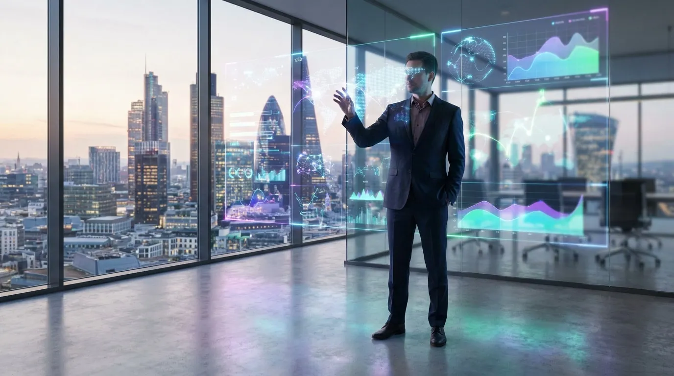 Un homme d'affaires en costume interagit avec des interfaces holographiques de données devant une skyline urbaine.