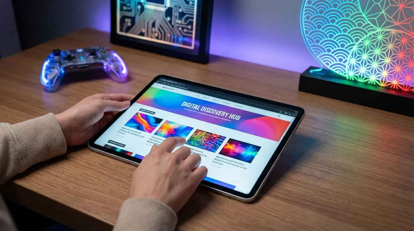 Mains naviguant sur une tablette présentant des articles. Manette de jeu lumineuse et lampe décorative en fond tech.