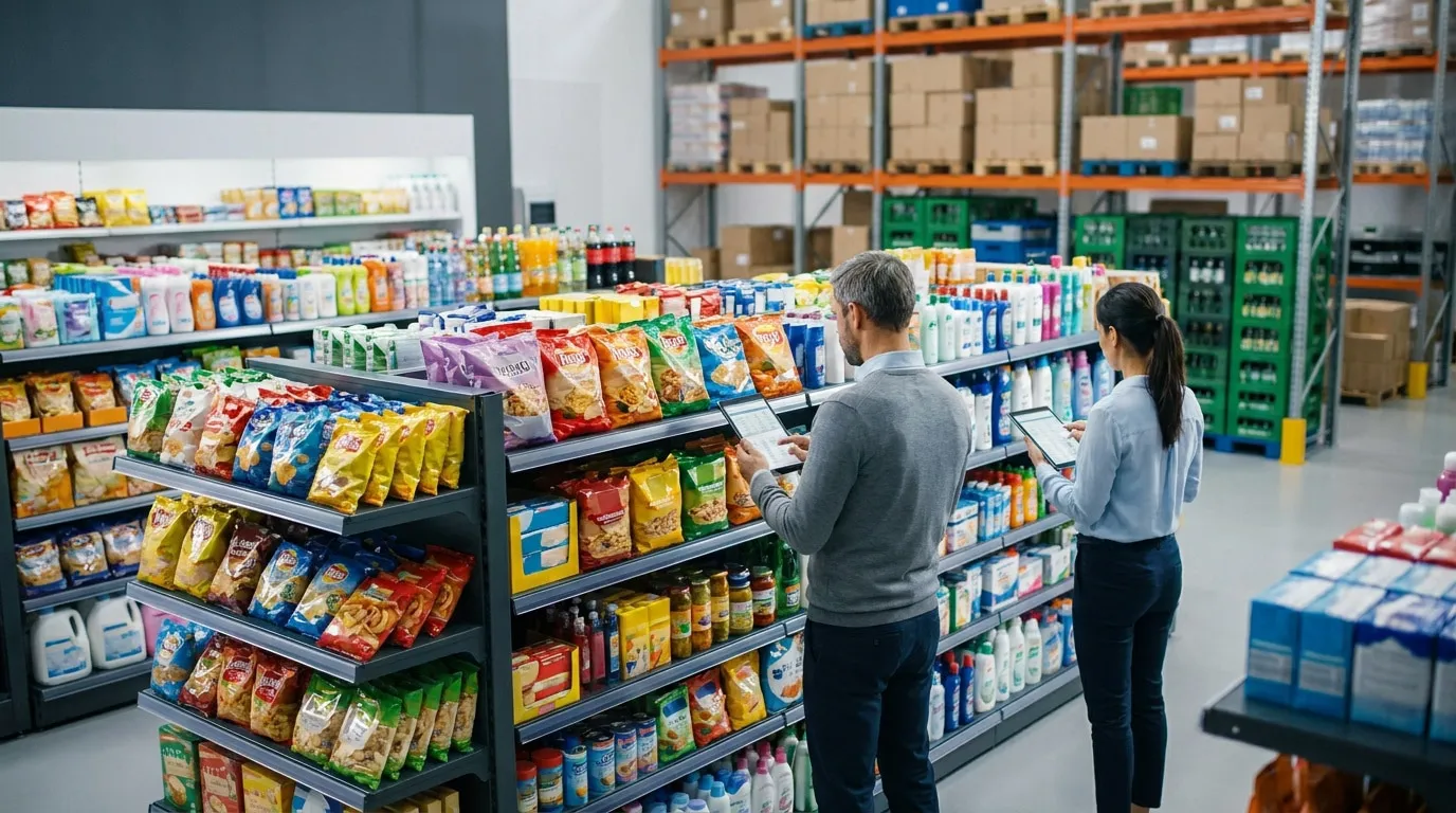 Deux professionnels inspectent des rayons de supermarché remplis de produits avec des tablettes numériques.