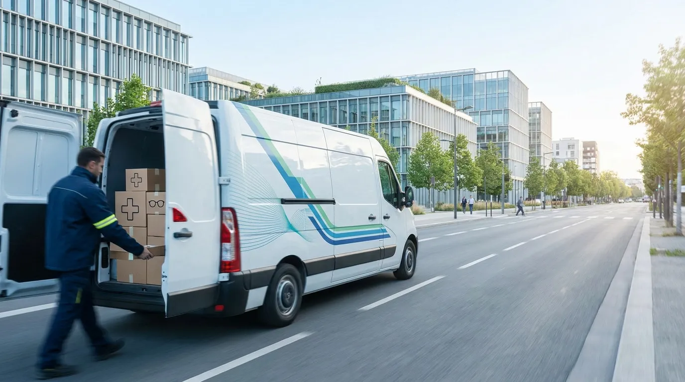 Un livreur décharge un fourgon médical blanc rempli de colis devant des bureaux modernes.