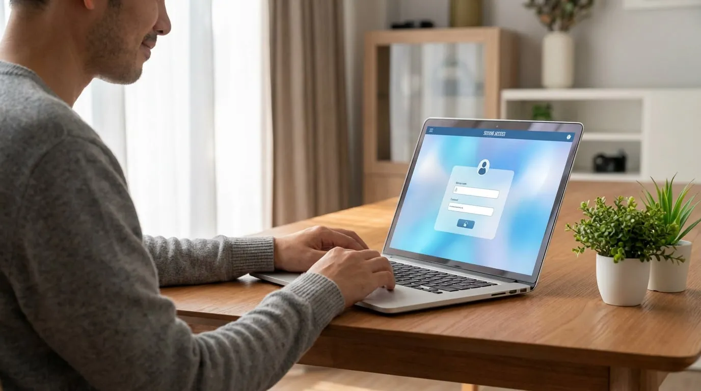 Individual focused on a laptop displaying a secure online banking login page, in a bright home office with plants.