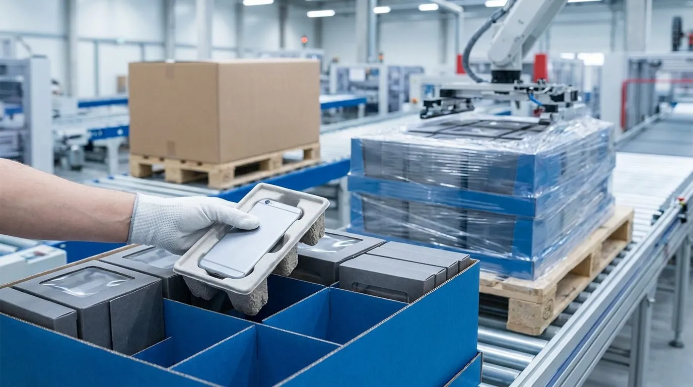 Un employé dépose un smartphone dans un emballage en carton moulé sur une ligne de production automatisée.