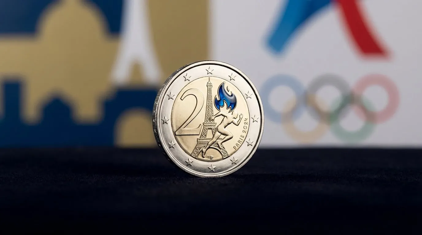 Close-up of a brilliant 2 Euro Paris 2024 Olympic coin featuring the Eiffel Tower, an athlete, and a blue flame. Blurred Olympic rings and Parisian architecture in background.