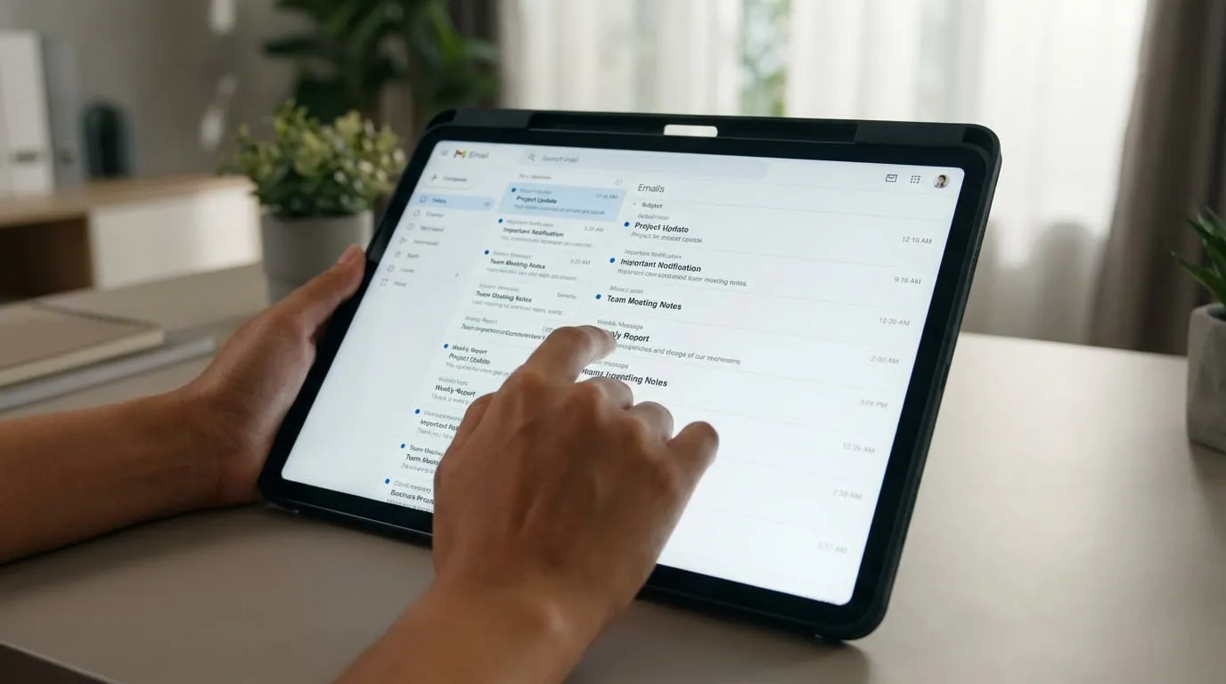 Mains utilisant une tablette affichant une application de messagerie avec une liste d'e-mails, sur un bureau moderne.