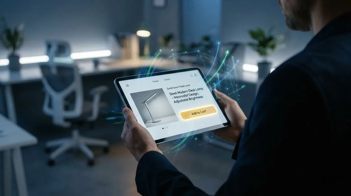 Une personne tenant une tablette affichant une fiche produit avec des effets holographiques dans un bureau moderne.