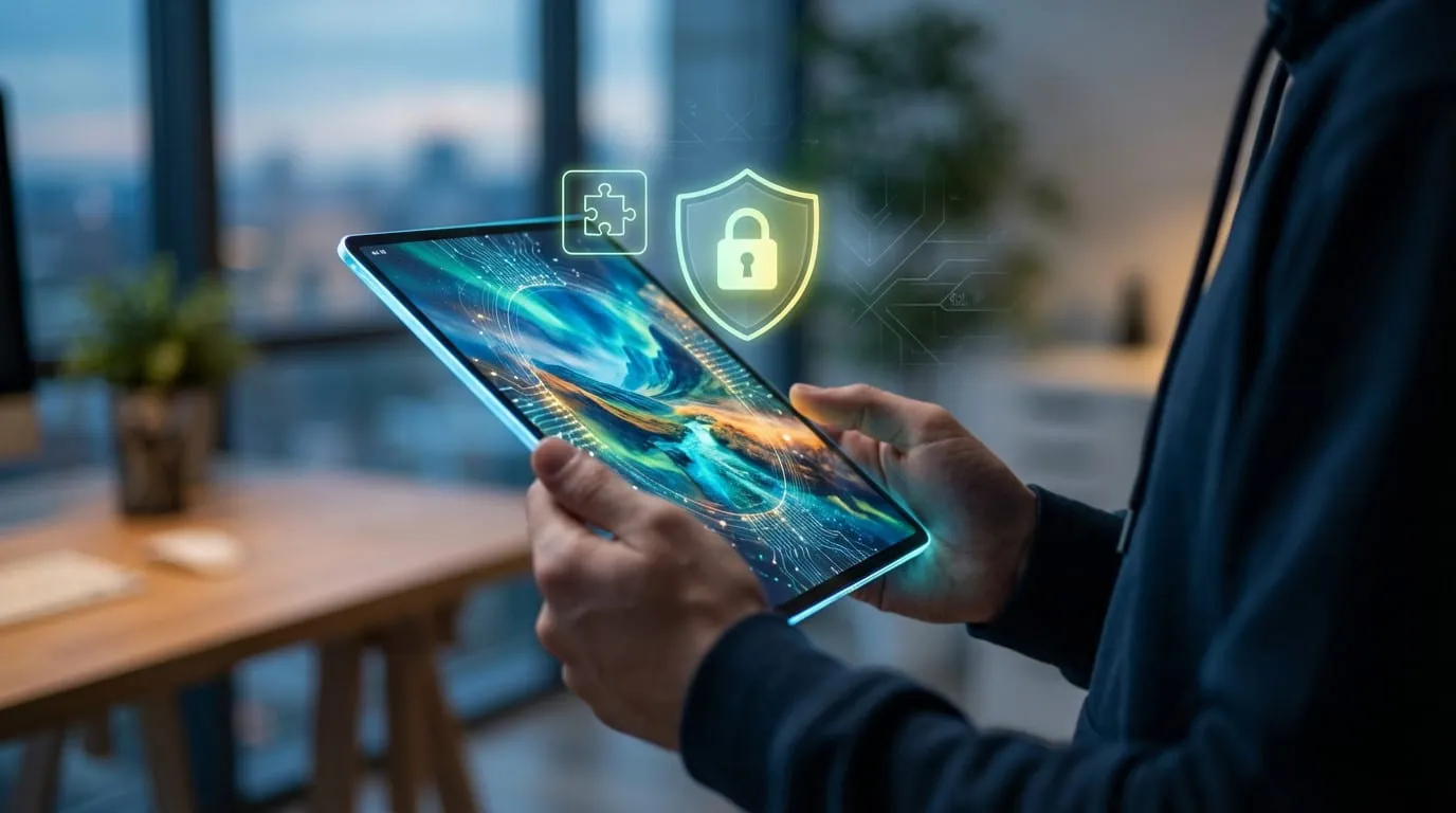 Hands holding a glowing tablet with a vibrant digital image, displaying a puzzle piece icon and a shield with a lock, symbolizing security and extensions.