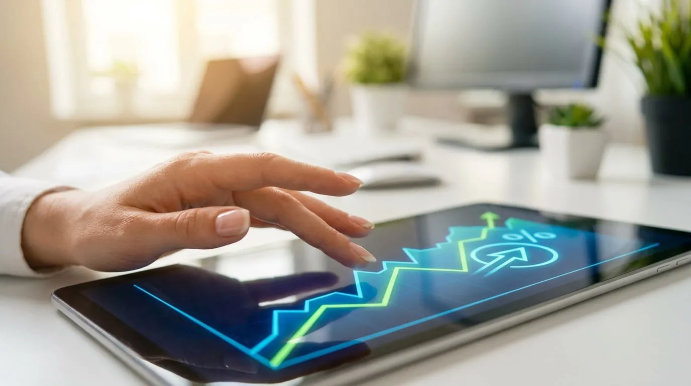 Main utilisateur sur une tablette affichant un graphique de croissance et un symbole de pourcentage.