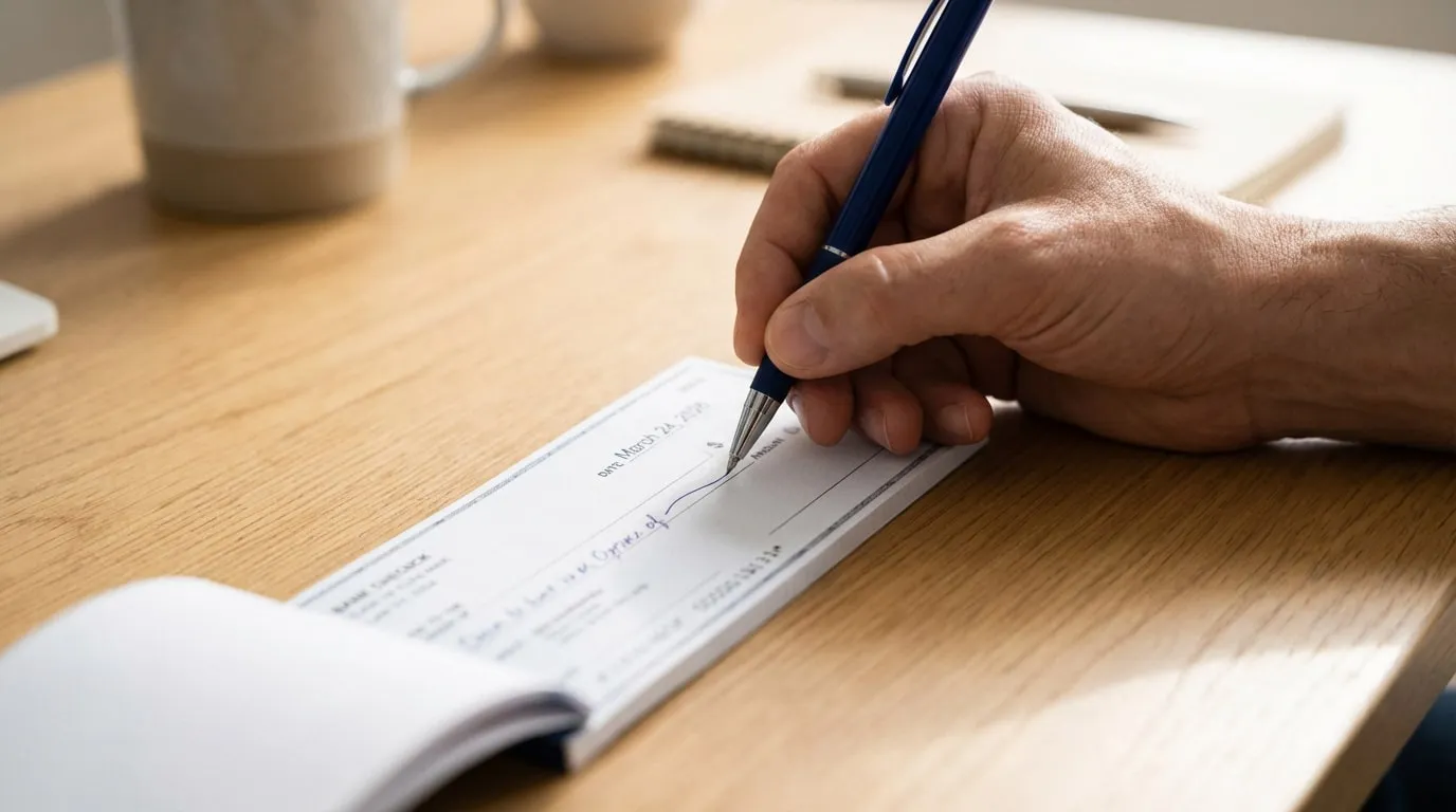 Main écrivant au stylo bleu sur un chèque ouvert sur un bureau en bois clair. On y lit « March 24, 2020 » et « Pay to the order of ».