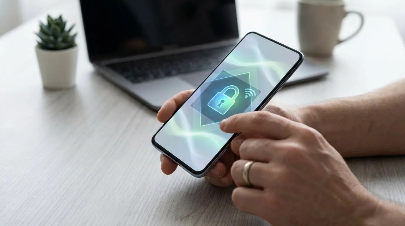 Hands hold a smartphone displaying a glowing padlock and secure connection symbol on a blue-green abstract screen. Blurred desk background.