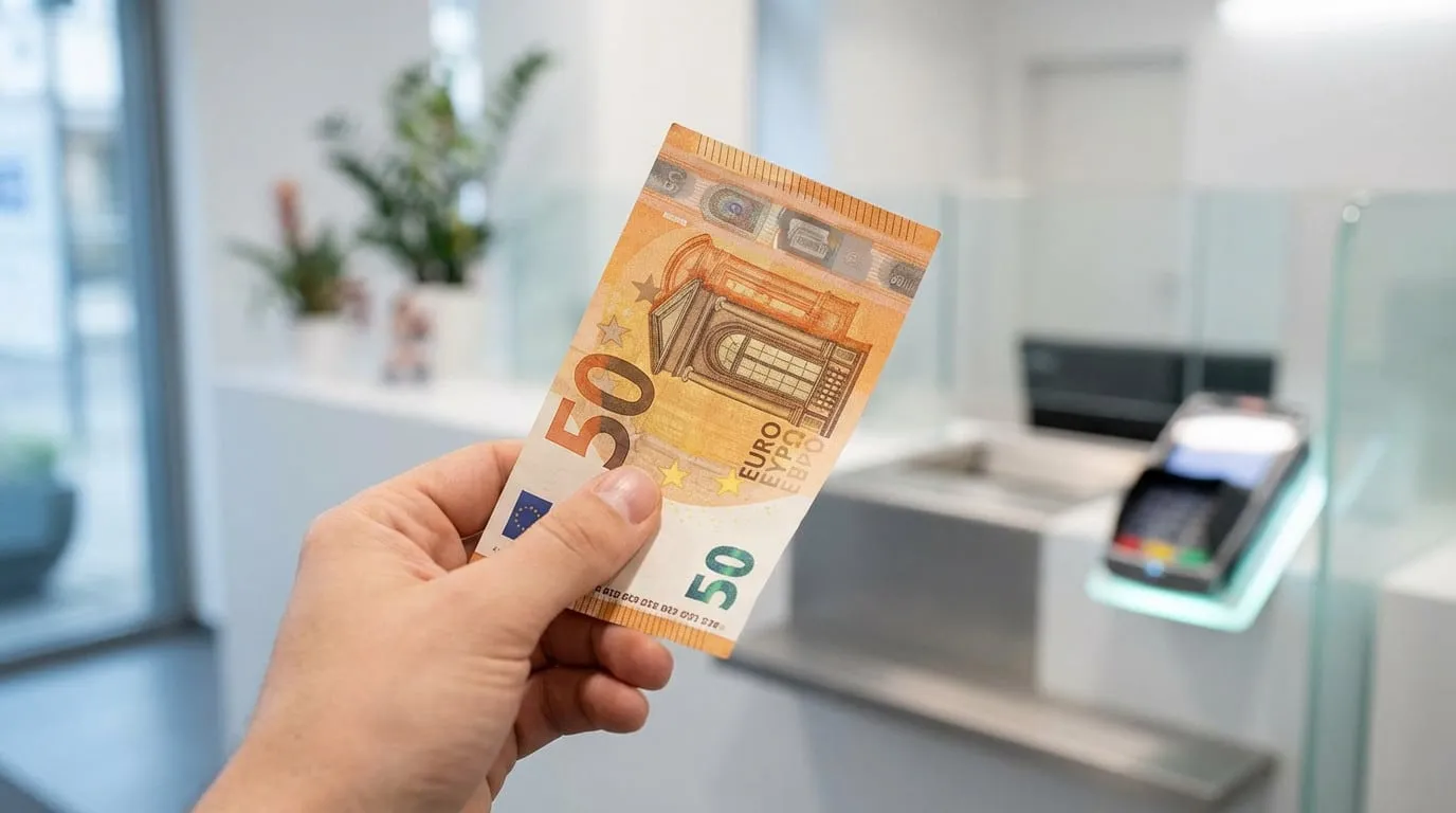 A hand holds a crisp, orange-brown first series 50 Euro banknote, showing its architectural design, in a blurred modern bank setting.